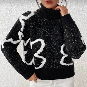 FIRST SNOW Black + White Jacquard Patterned Turtleneck Women's Sweater XS S M L